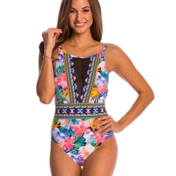 LA BLANCA Floral One Piece Swimsuit Tropical Flower Sheer boho - Picture 2 of 6